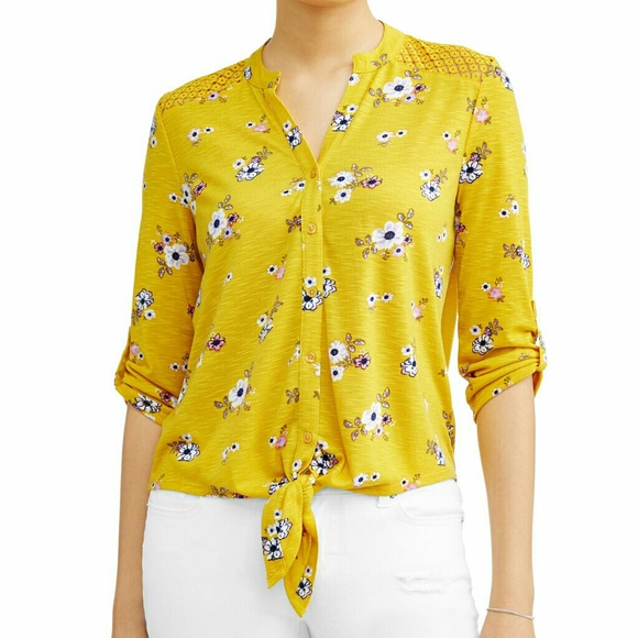 Tops - Lace Yolk Tie Front Blouse Gold Floral